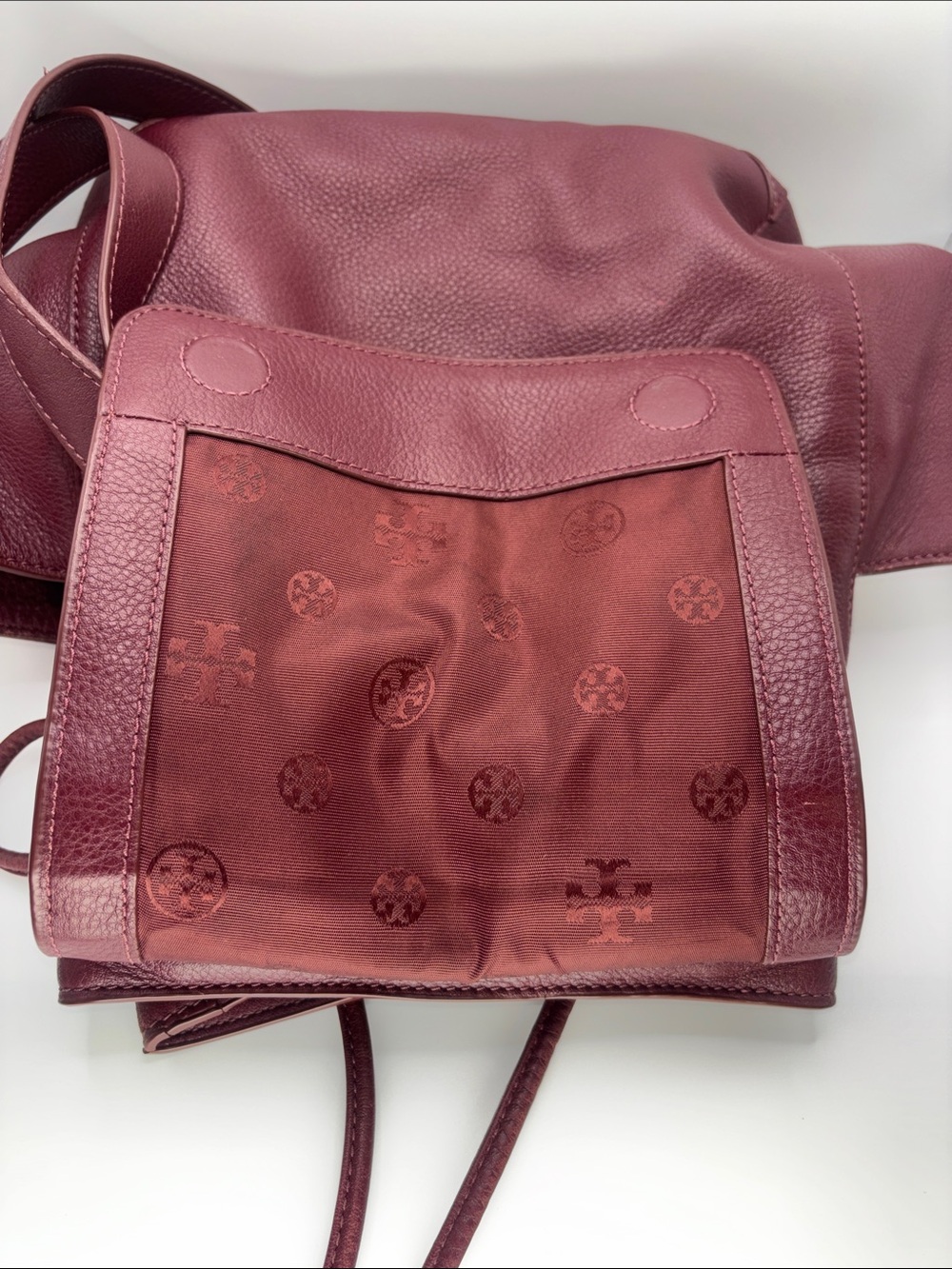 Tory Burch Wine Leather Drawstring Backpack with Gold Logo - Picture 8 of 16
